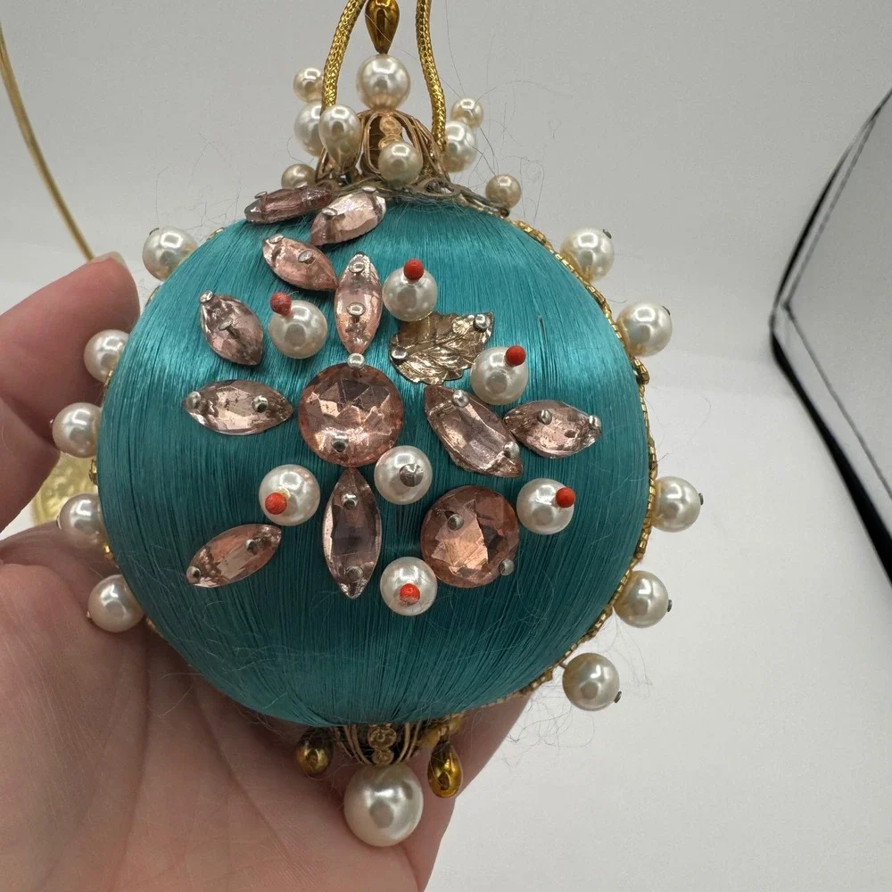 Vintage Teal Satin Beaded Christmas Ornaments Faux Pearl Gold Leaf Set of 2